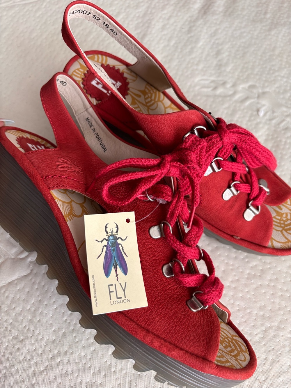 Fly London Red Lace-Up Suede Wedge Sandals
